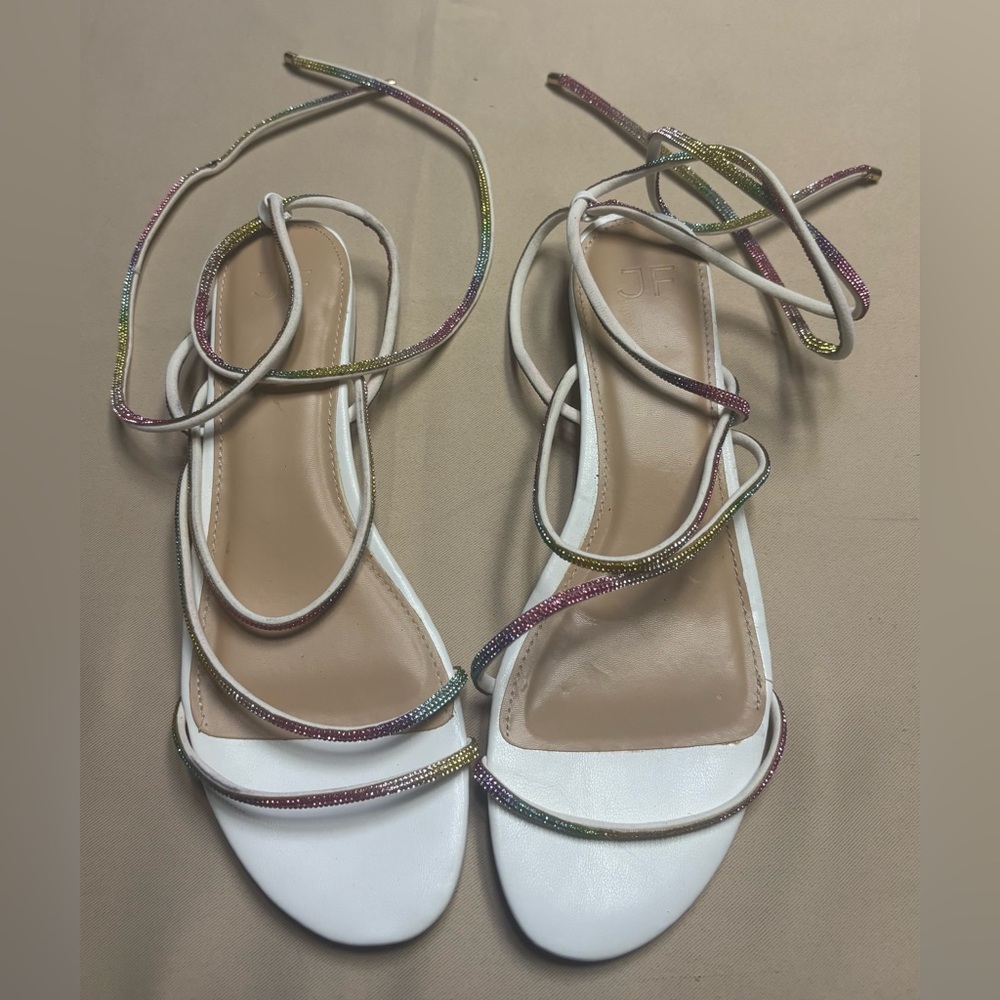 Justfab Strappy Gladiator Sandals Angela Wrap‎ Tied White Rainbow Sequins READ